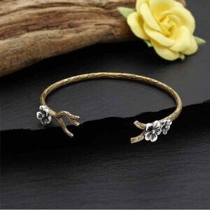 Bronze Branch Bracelet with Silver Blossoms - Nature & Floral Jewelry - NEW